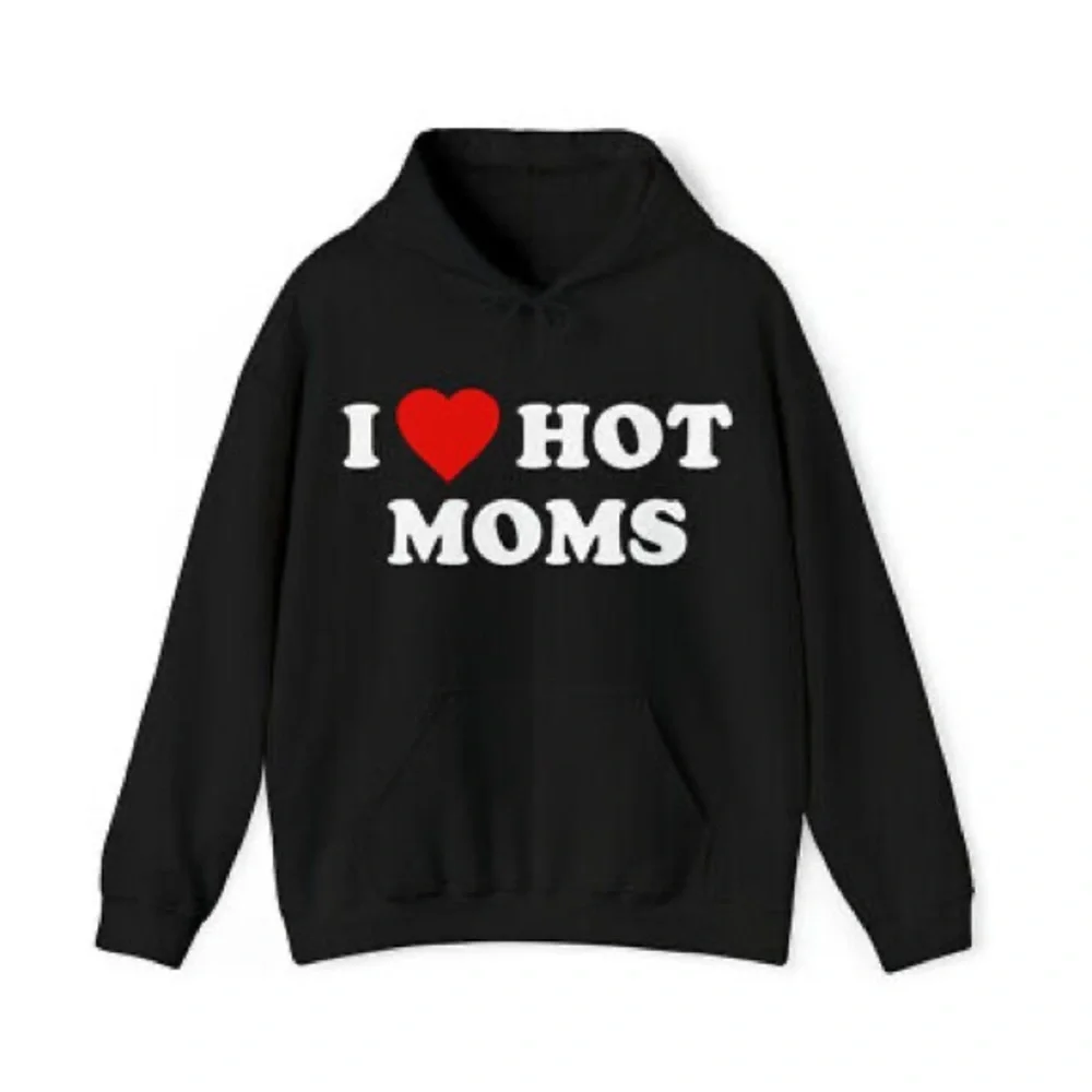 ⭐️ I Love ❤️ Hot Moms Graphic Black Sweatshirt Pullover Hoodie Size LARGE